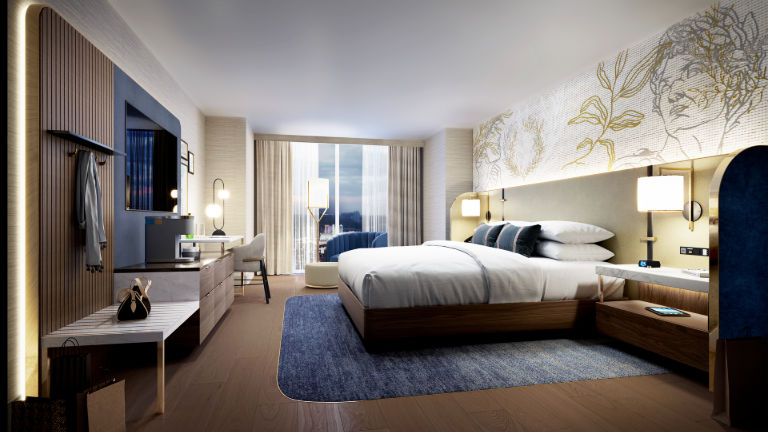 Guestrooms at Caesars New Orleans feature large windows and a pleasing design.