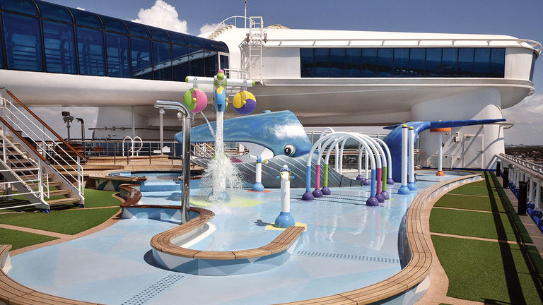 The interactive water playground is a popular spot for families.