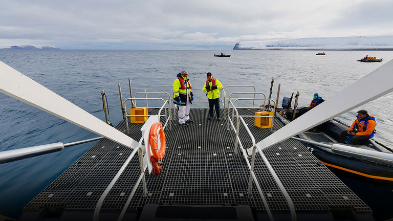 The internal Zodiac hangar quickly deploys the ship’s 20 Zodiacs.