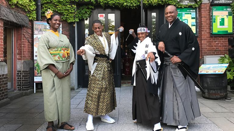 The writer and her family dressed in traditional Japanese clothing in Hokkaido.