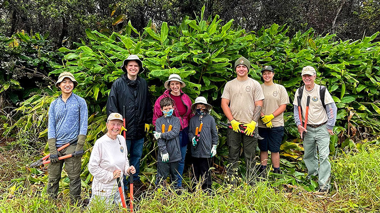 Volunteers can work with Paul Fields (far right) and his wife Jane (kneeling) to remove invasive plants from the native rainforest in Hawaii Volcanoes National Park.